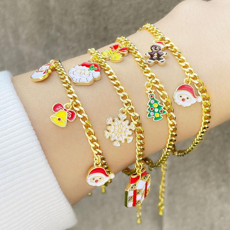 

Charm Bracelets EYIKA Colorful Hand Painted Enamel Festival Santa Claus Christmas Tree Pendant Gold Cuban Chain Bracelet Gift Ornament