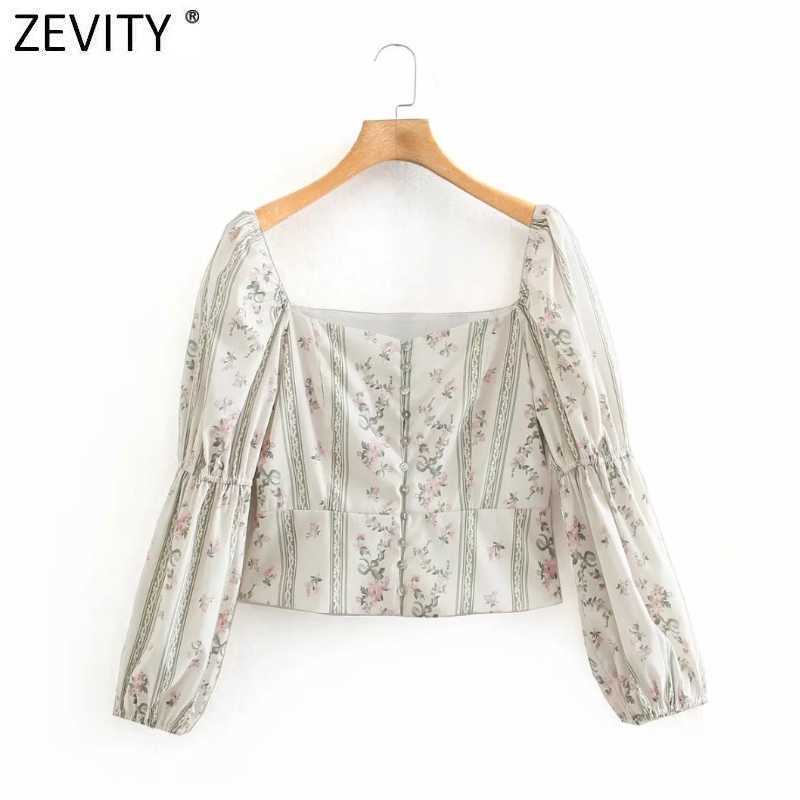 

Zevity Women Court Style Square Collar Print Short Slim Blouse Shirt Lady Retro Puff Sleeve Chic Chemise Blusas Crop Tops LS9333 210603, As pic ls9333ld