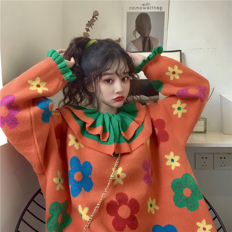 

2021 New Designer Doll Collar Patckwork Lolita Sweaters Winter Short Es Long Sleeves Flowers Knitted Women Pullovers Jumpers Girls Zzof, Orange