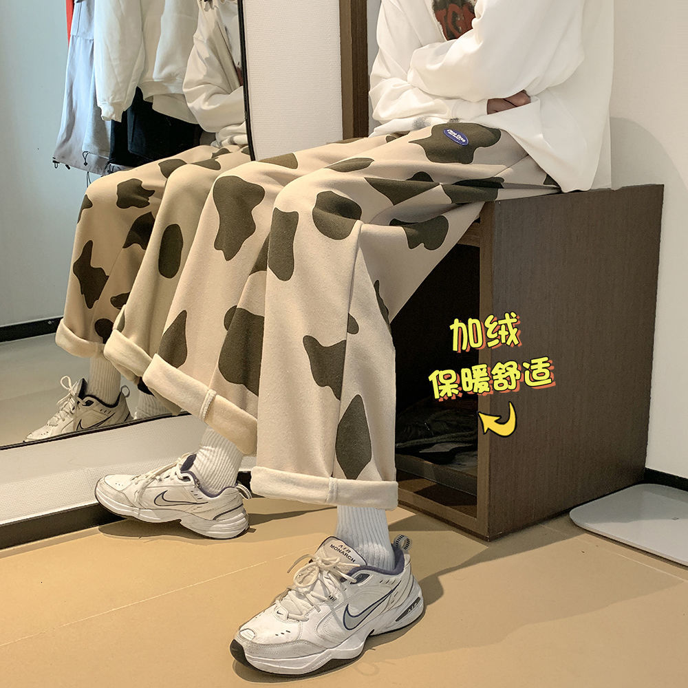 

New 2021 Winter Men's Thicken Plush Casual Cow Printed Fashion Harem Pants Joggers Sweatpants Streetwear Loose Trousers M-5xl Mjfj, White