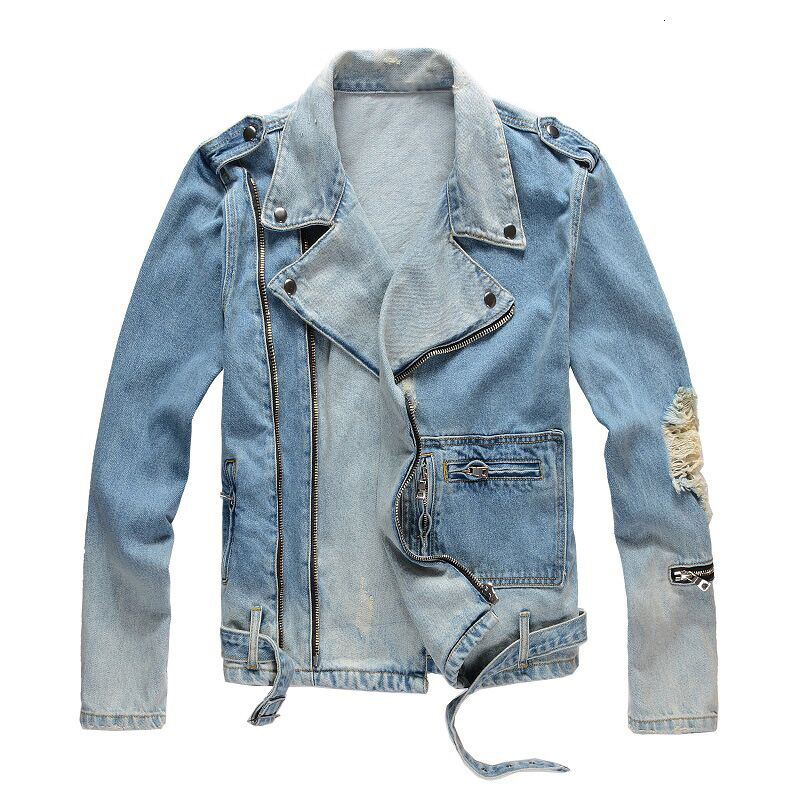 

2021 New Fashion Streetwear Jacket Men High Quality Retro Blue Ripped Denim Punk Coats Zipper Decoration Hip Hop Biker Chaqueta Hombre 7wan, Light blue