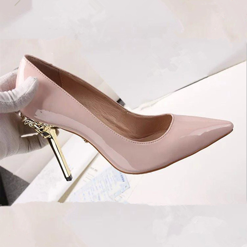 

New Fashion Spring Autumn Pointed Toe Gold Ladies office High Heel Shoes Black White Japaned Leather Dress Shoes Women's Pumps Work Shoes, Pink