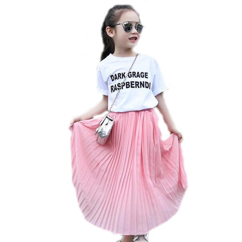 

Skirts Summer Teenager Girls Pleated Chiffon Long Children Hem For Bohemian Skirt Big Girl Elastic Maxi, White