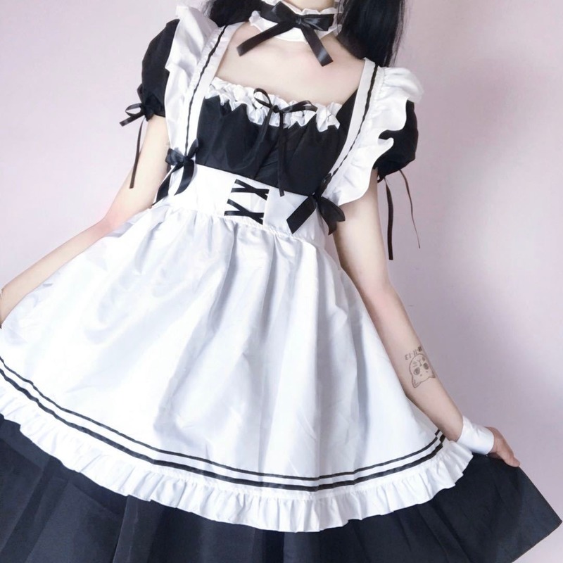 

Kawaii Maid Dress Lolita Maid Outfit Cute French Maid Cosplay Costumes Uniform Japanese Puff Sleeve Bandage Dress Waitress, Black;gray
