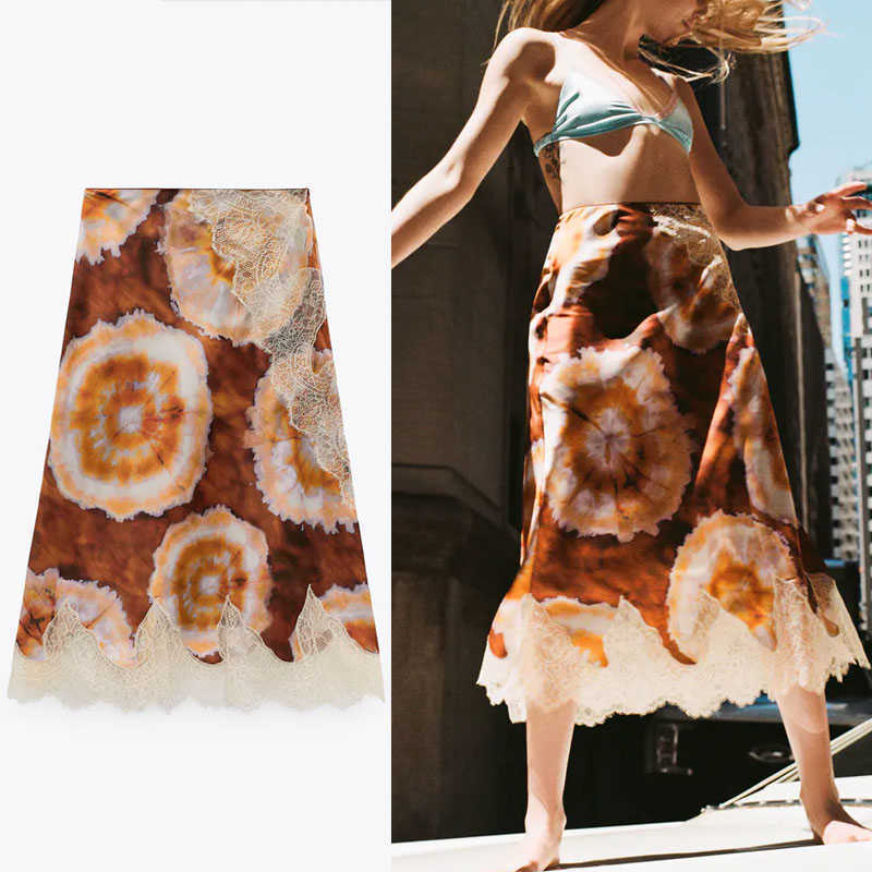

ZA Summer Women Lace Print Skirt Vintage High Waist Midi Skirts Fashion Side Zip Feminine Elegant Lace Applique Party Skirt 210602, As picture