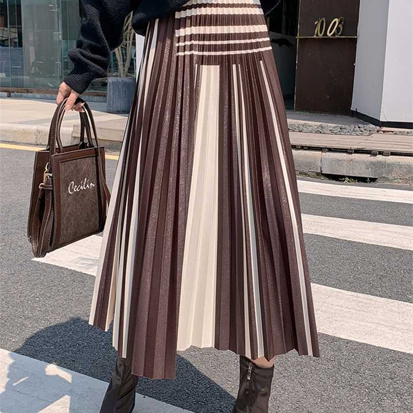 

SURMIITRO Autumn Winter Midi Long Pleated Skirt Women Korean Style Striped Mid-Length High Waist A Line Female 211109, Deep blue