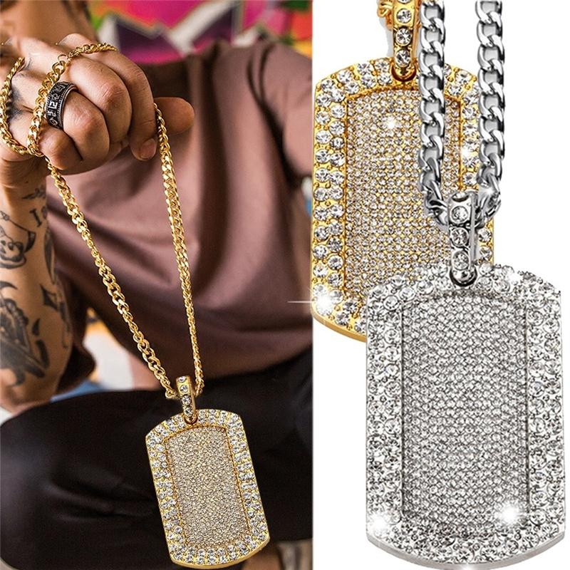 

Hip Hop Charm Rhinestone Pendant Necklace Pendant Alloy Square Tag Plate Army Biker Link Chain Necklace Man Woman