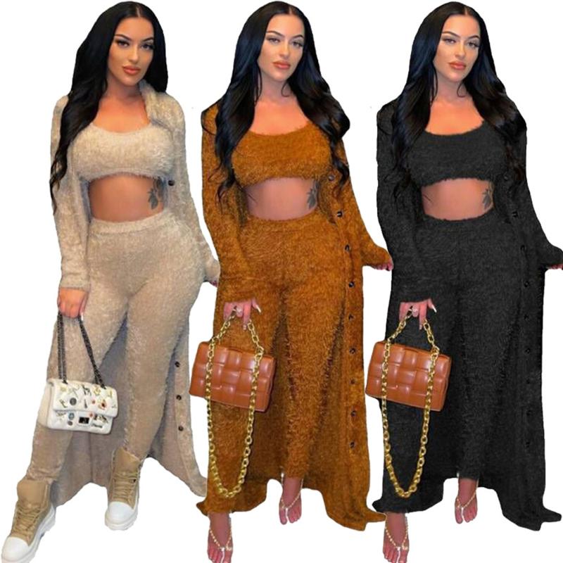 

Women's Two Piece Pants Black Brown Beige Casual Warm Fuzzy 3 Matching Sets Spring Tank Crop Top+high Waist Soft Pant+buttons Extra-long Car, White
