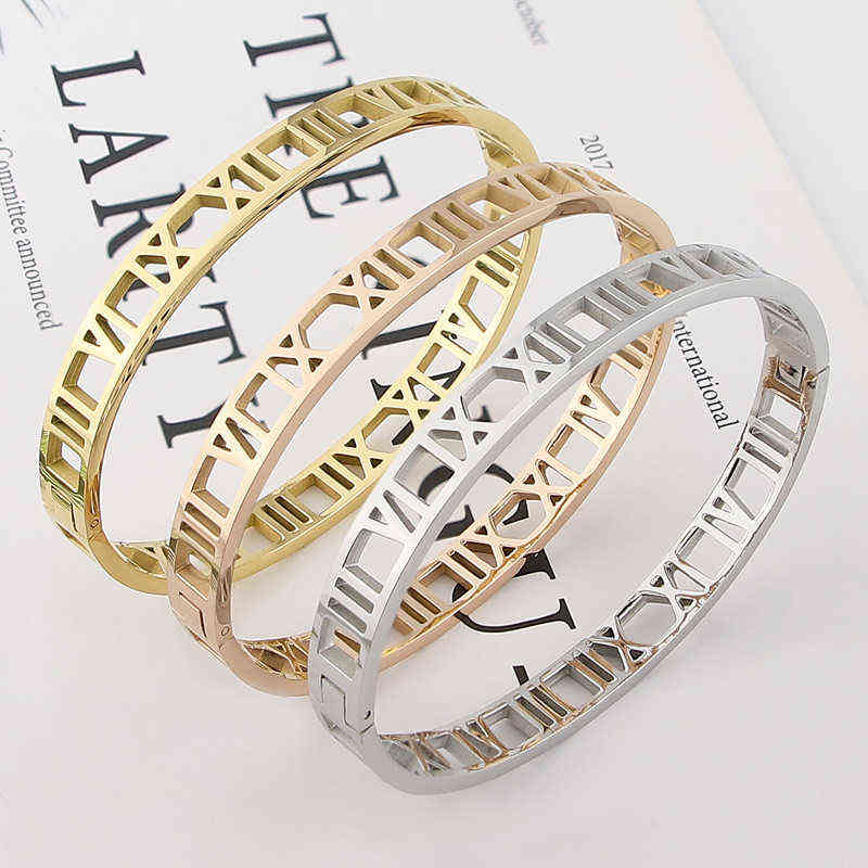 

Hot Sell Classic Design 3 Colors Beautiful and Elegant Hollow Roman Numeral Bracelets & Bangles Stainless Steel Bangle for Woman