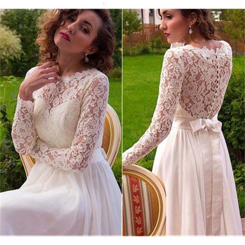 

2021 New O-neck Sleeve Lace Wedding Es Chiffon A-line Illusion Back Floor Length Long Vestidos De Noiva Bridal Gowns Kg4k, Pink