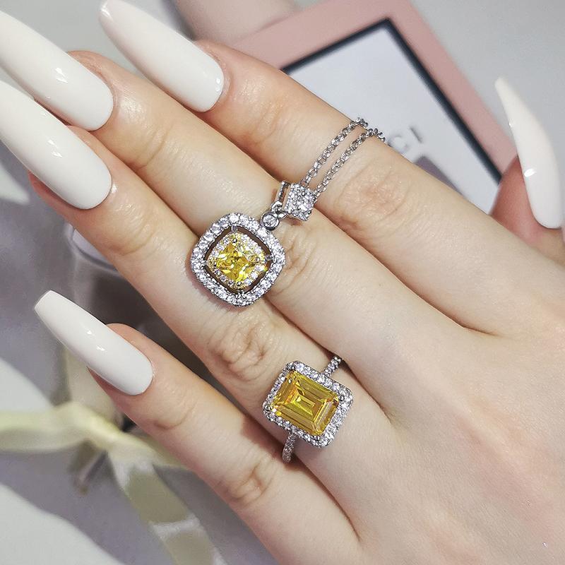 

Earrings & Necklace 2pcs Pack Two Gift Yellow Real Silver Color Bride Jewelry Engagement Wedding Bridal For Brides Ring African J6316