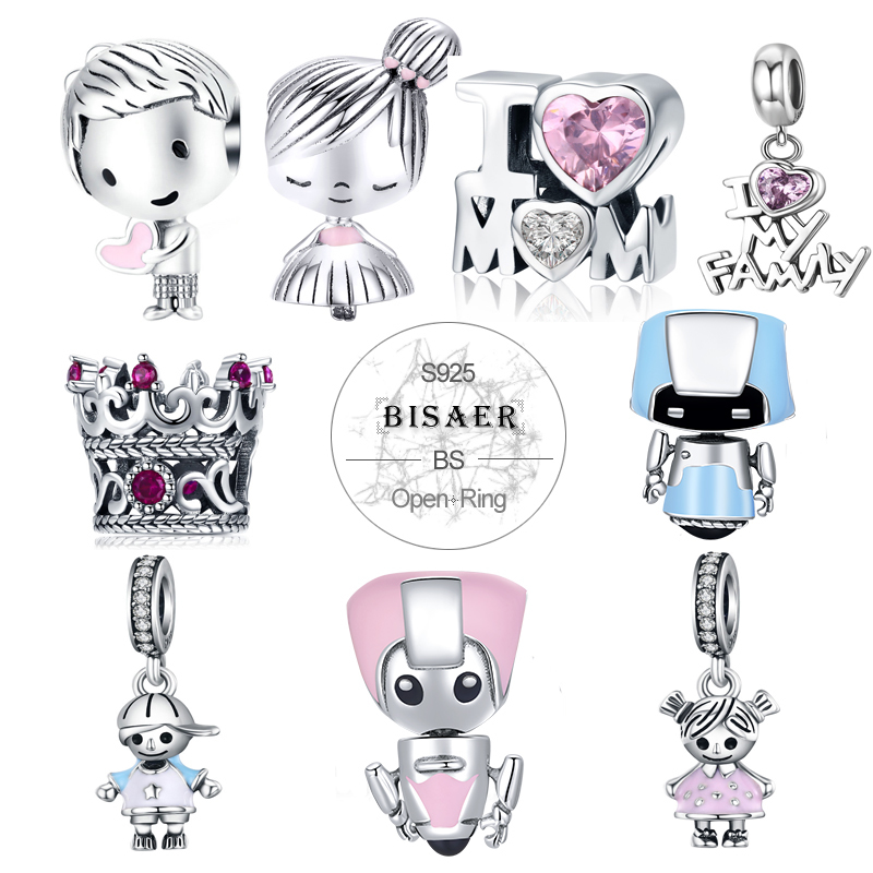 

BISAER 925 Sterling Silver Guardian Angel Baby Car Bottle Bear Couple Family Pendant Beads fit Charm Bracelet DIY Jewelry Making Q0531