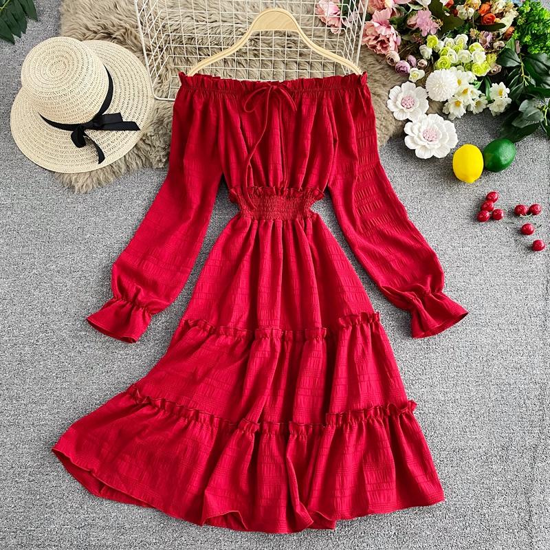 

Casual Dresses Heeylace Slim Vintage Sexy Off Shoulder Autumn Midi Dress Women Vestido De Festa A-Line Knee Length Ruffles Party, Black