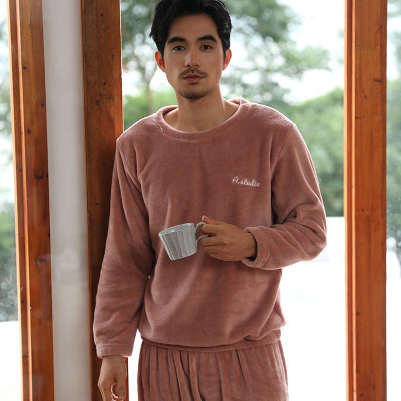 

Men's Sleepwear Men Winter Flannel Pajama Set Coral Fleece Pajamas Homewear Thick Warm Soft Home Clothes Suit Lounge Clothing, Black;brown