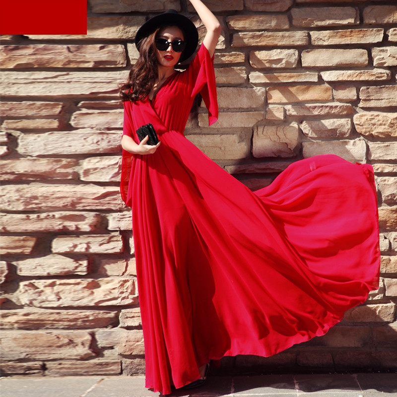 

2021 New Ladies European Es Maxi V-neck Red Chiffon Flare Sleeve Boho Slim Women Summer Hot Sale Vestidos Fyy572 60zm