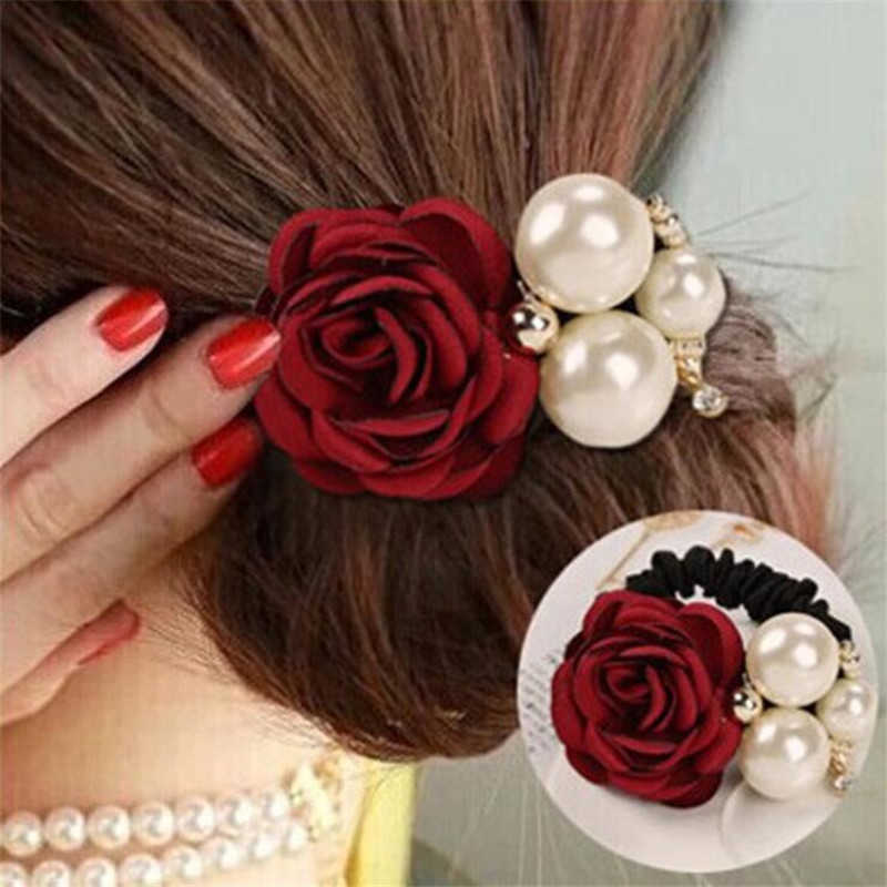 

Fashion Women Rose Elastic Bands Big Rhinestones Imitation Pearls Flower Rope Charms Rubber Hair Accessories