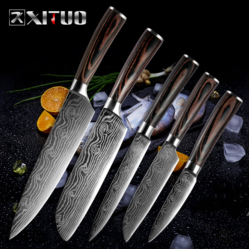 

XITUO New Beauty Veins Kitchen Knives Paring Utility Santoku Slicing Chef Damascus Veins Color Wood Handle Stainless Steel Knife