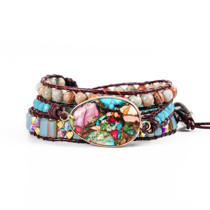 

Tennis Womens Bracelets Unique Natural Stones Charm 3 Layers Leather Wrap Fashion Bracelet Dropship