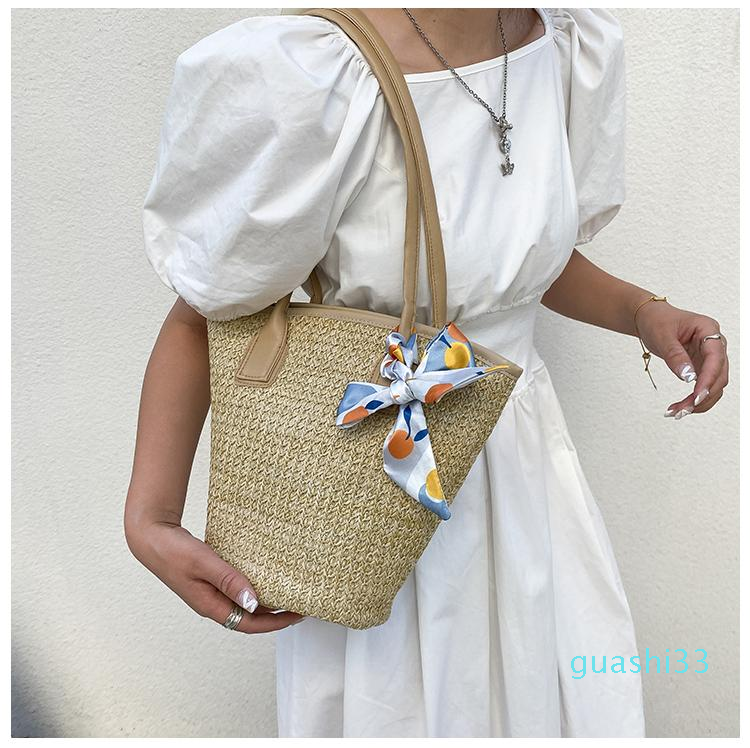 

Evening Bags Women's Summer Bag Small Beach Tote Ladies Straw Woven Top Handle Fashion Bowknot Female Bucket Shoulder Underarm Bolsos, Beige