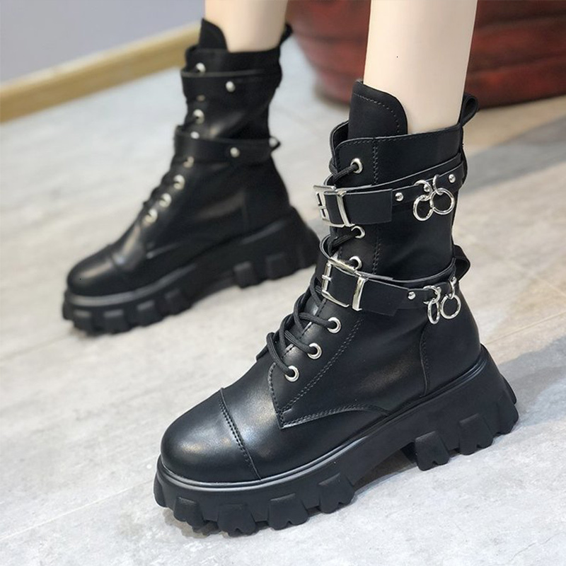 

2021 New Autumn Women Mid Calf Ladies Pu Leather Shoes Buckle Chain Lace Up Punk Boots Footwear Woman Fashion 1swf 0ASY, Black
