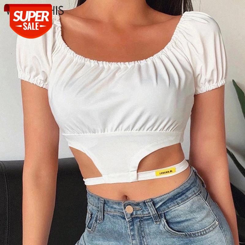 

WannaThis Hollow Out Puff Sleeve O-Neck Sexy Crop Top Women Slim Hole Waist Fashion Streetwear Elastic Ruched Cropped Shirt Tops #5u44, White