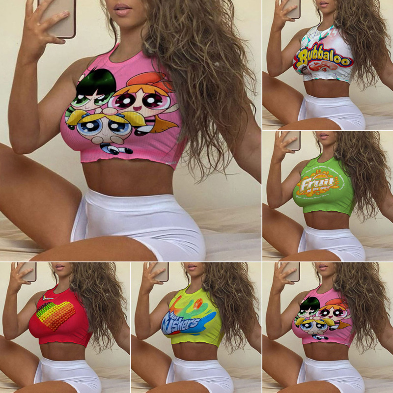 

Sexy Women Small Vest Cartoon Print Yoga Shorts Slim High Waist Slim Fit All-match Ladies New Fashion Tops 2021, Orange