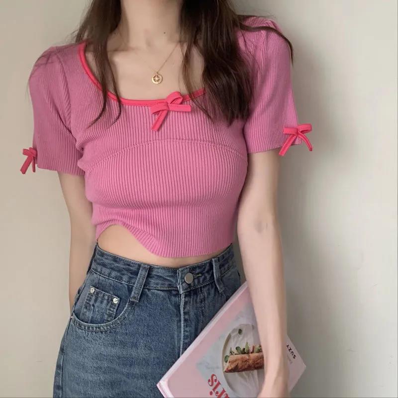 

EBAIHUI Women's Slim Loli Rib T shirts Knitting Crop Top Famale Short Sleeve Stretchy Bow Sexy Short T-shirts Solid Color Elastic Tops for Women, Blue