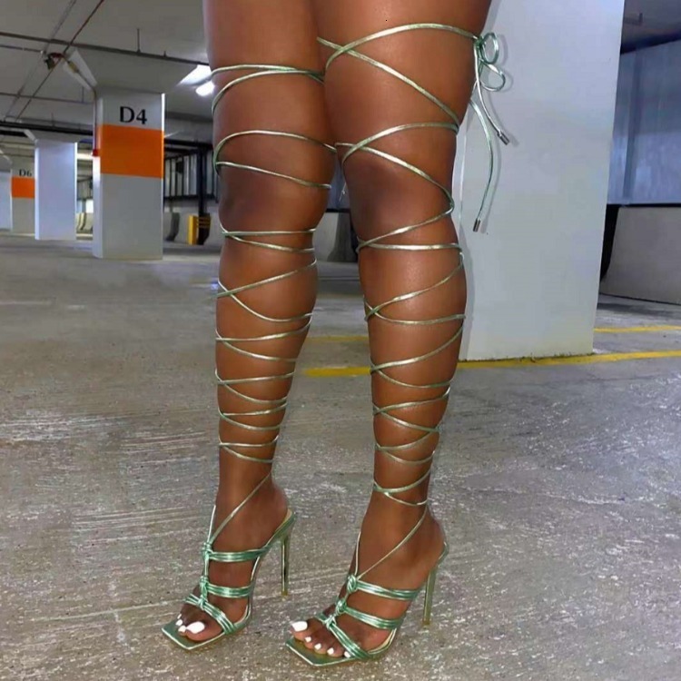 

2021 New Summer Narrow Band Fashion Square Toe High Heels Cross Strap Gladiator Sandals Women Shoes Size -41 Z3yf, Army green