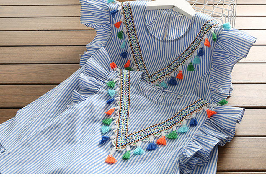 

Mother and Daughter Dresses Fimbrilla Vertical Striped Wooden Ear Korean Style Parent-Child Dress Summer Clothes for Children, Blue