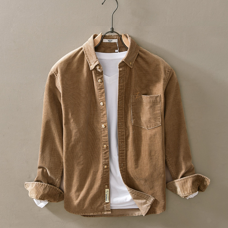 

2021 Man-made Veet Shirt Long Sleeve New Autumn Solid Turn-down Collar 75% Vintage Male Cotton Tops Clothes Y3454 Etmo, 124kdrak gray124