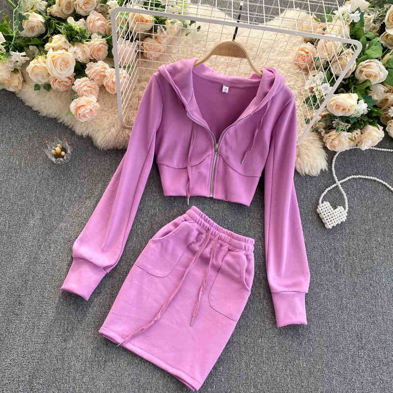 

Spring Arrivals Short Solid Color Hooded Collar Long Sleeve Zipper Elastic Buttocks Skirt Two Piece Set MZ562 210525, Light purple