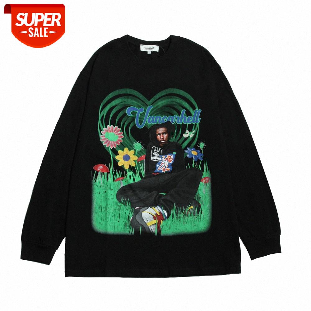 

Wind character print long-sleeved T-shirt men's street fun flow loose round neck pullover bottoming shirt #LC0S, White;black