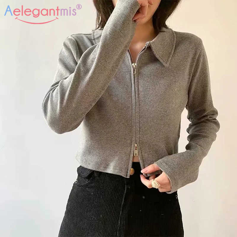 

Aelegantmis Cropped Knitted Sweater Cardigan Women Zipper Ribbed Vintage Solid Korean Chic Coats Soft Casual Jumpers 4 Colors 210607, White