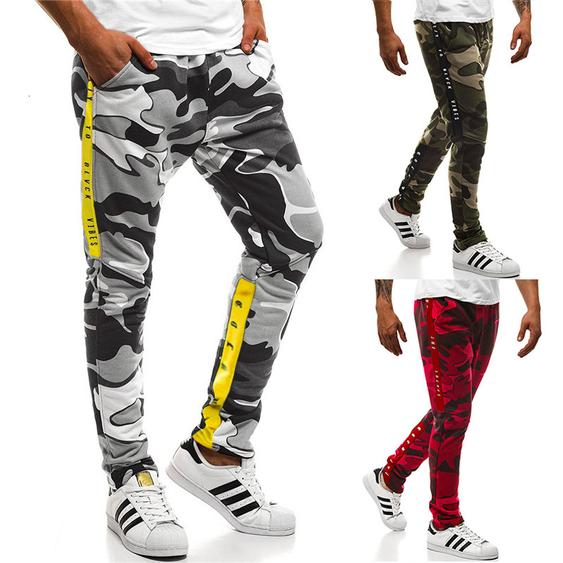 

2021 Fashion Tide Casual Trousers Men's Small Feet Long Cargo High Elasticity Men Pencil Pants Camouflage Sweatpants Of61, Red