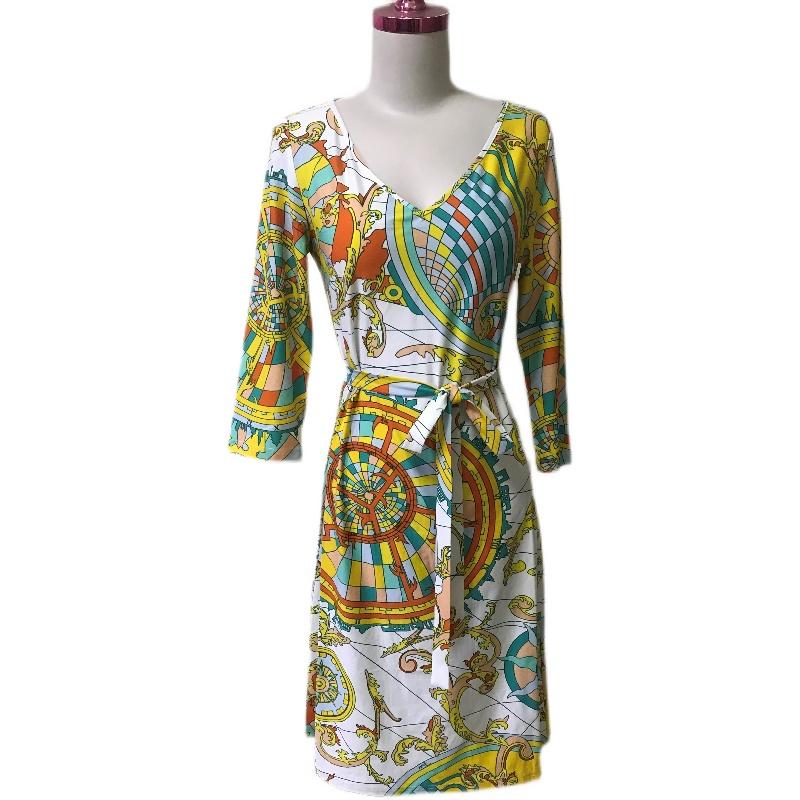 Robes décontractées Fashion Epucci Designer Brand Dress Femmes Charmant Imprimé Jersey Soie À Manches Longues Avec Ceinture
