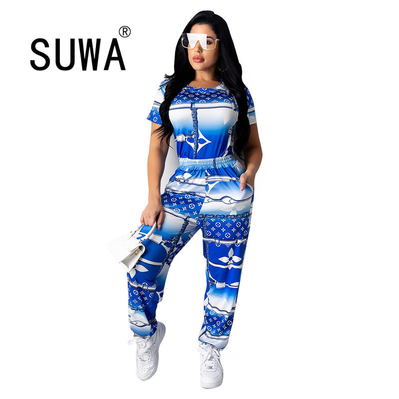 

Blue Print Tracksuit Women Two Piece Lounge Wear Matching Sets Short Sleeve Chic Top T-shirt + Sport Pants Soft Sweatpants Suit 210525