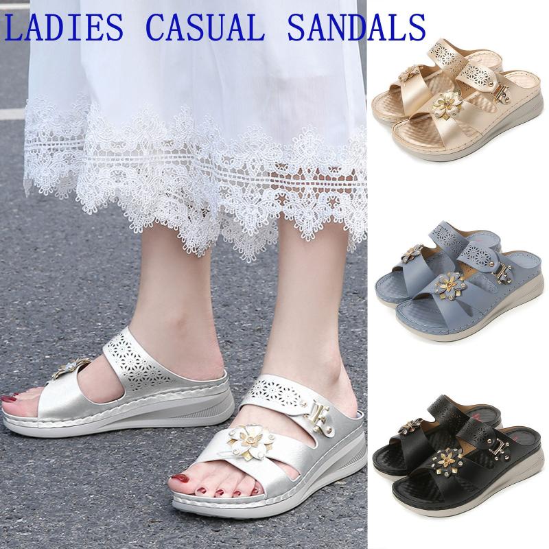 

New Luxury Women Summer Slip-on Sandals Wedges Beach Open Toe Breathable Sandals Flowers Shoes Silver Face Women Sandals#4, Black