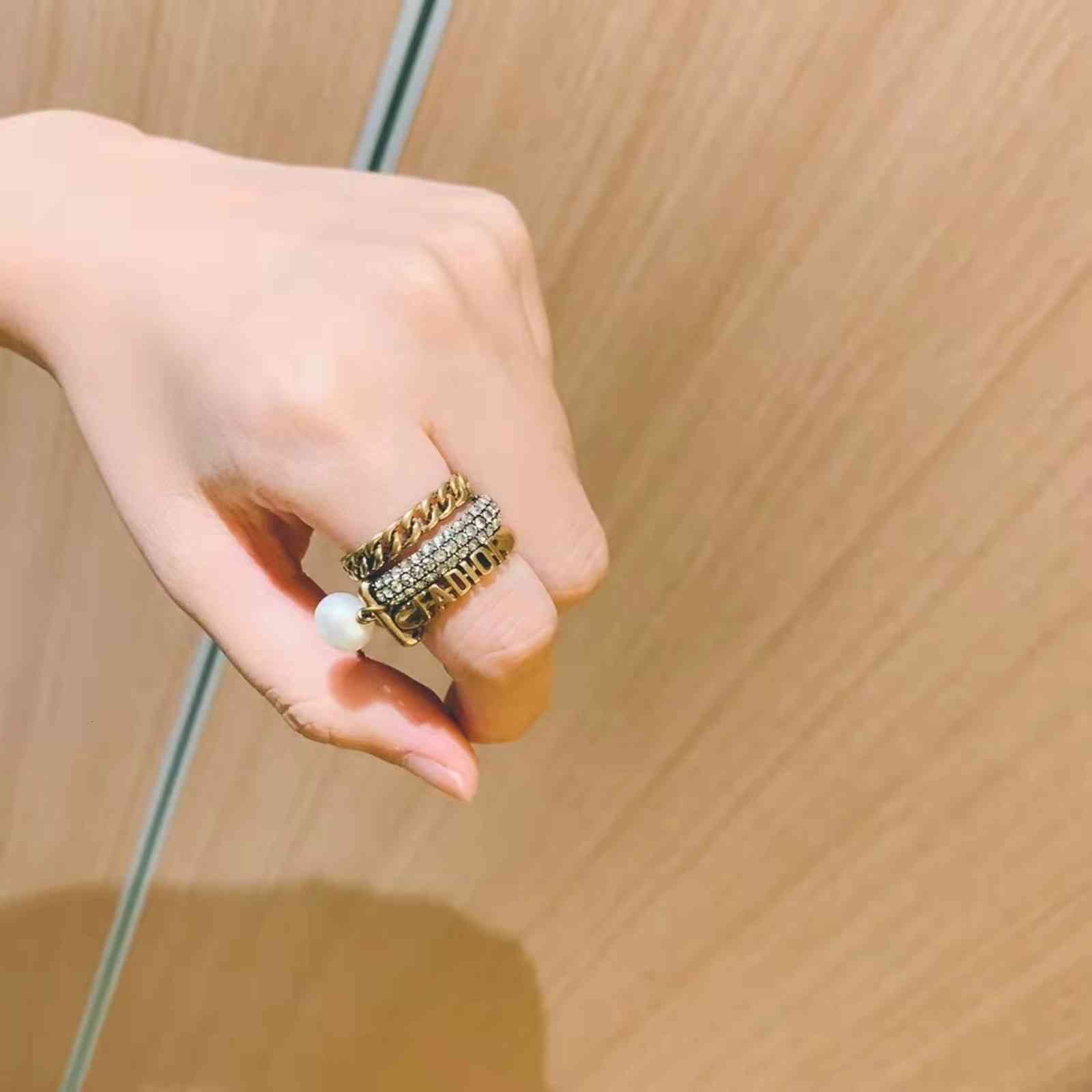 Dijia / D's Three-layer Pearl Letter Ring Female Hand Jewelry Personalized Alternative-image-742340057
