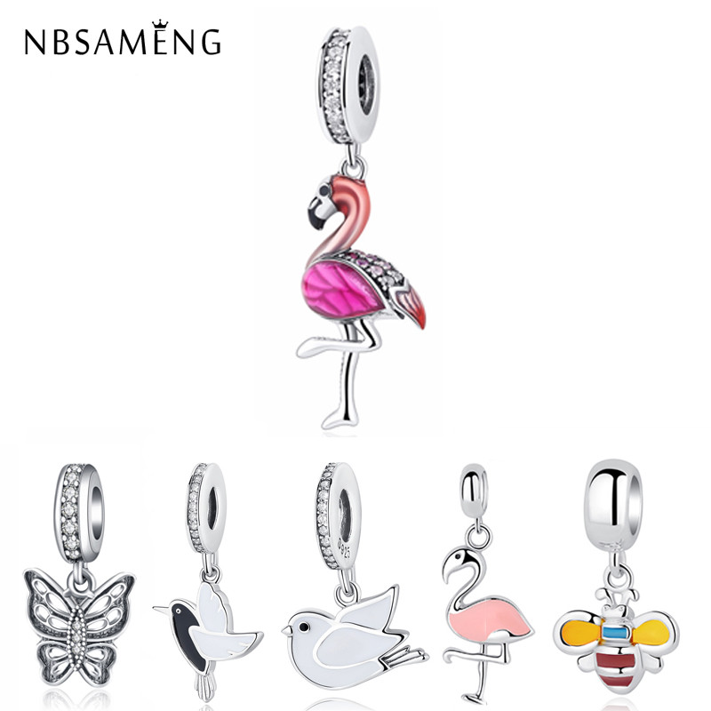 

New 925 Sterling Silver Bead Pink Flamingo & Colorful Parrot Pendant Crystal Charms Beads Fit Original Bracelets Jewelry Q0531