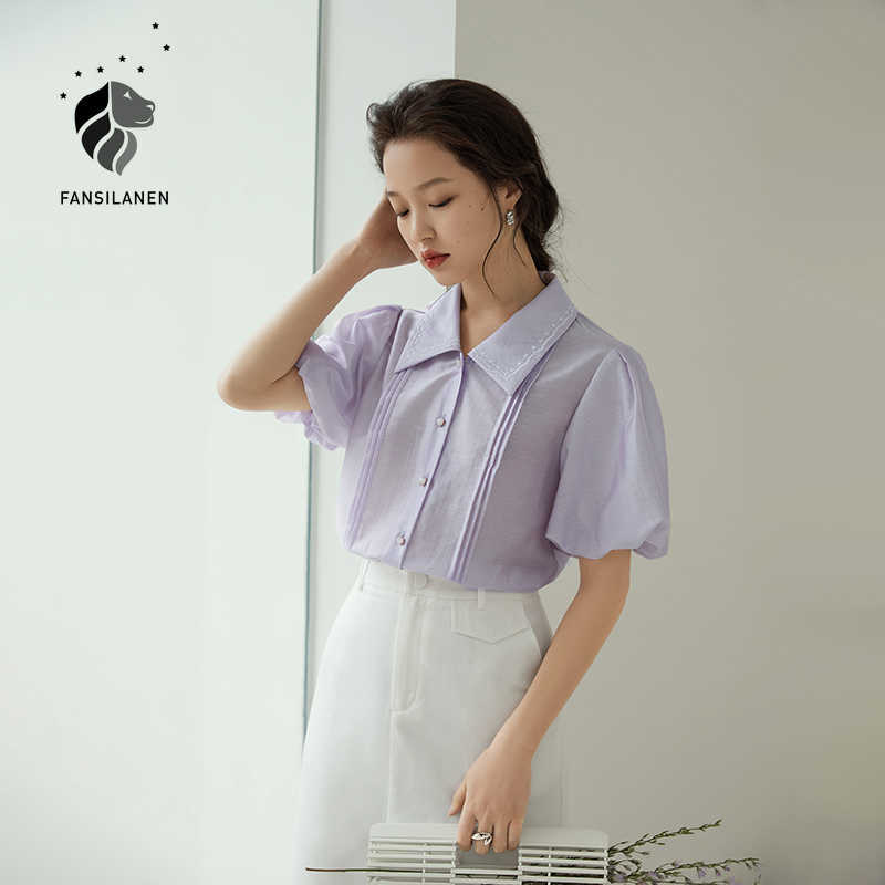 

FANSILANEN Office Ladies French Retro Short Sleeve POLO Collar Shirt Women' Purple Light Yellow Puff Tops Drop 210607, Lavender