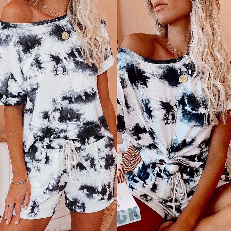 

2021 New Tie-dye Outfits for Women Summer Women's Print Round Neck Short Sleeve Homewear Tracksuit Streetwear 2 Piece Set J8np, White
