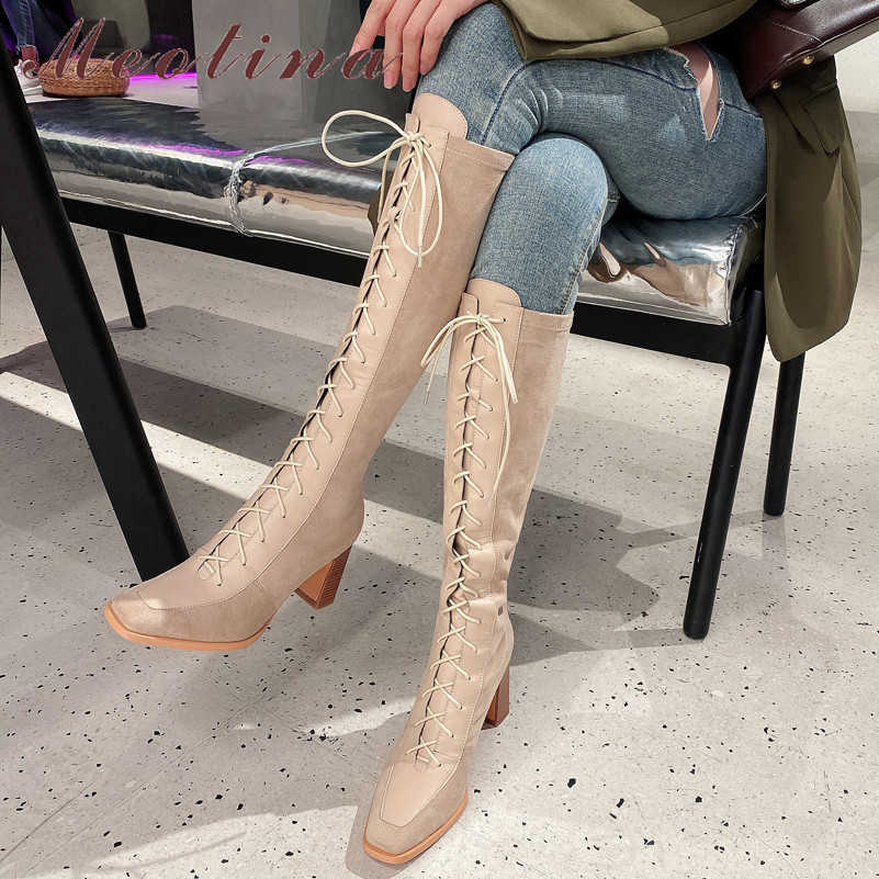 

Meotina Long Boots Women Shoes Square Toe Block Heels Knee High Boots Cross Tied High Heel Boots Female Autumn Winter Apricot 40 210608, Black synthetic lin