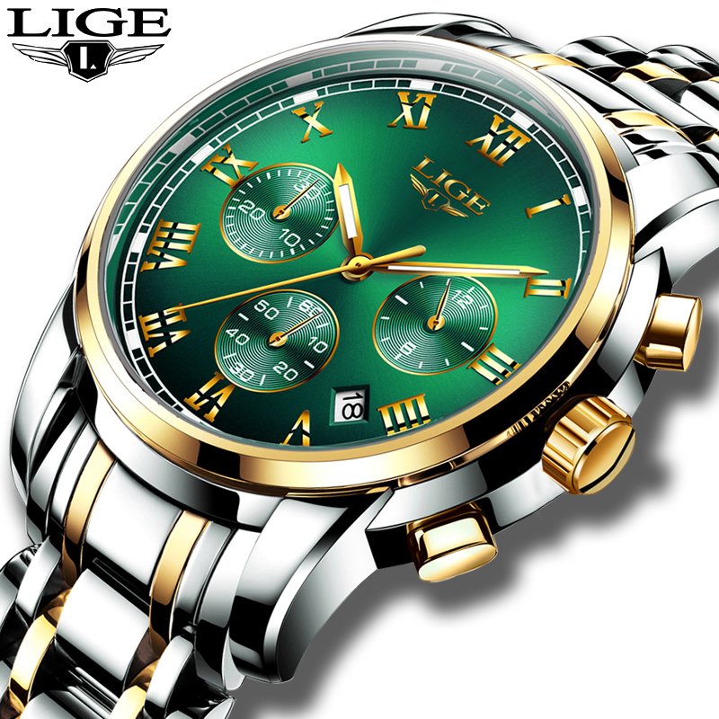 

Relojes Hombre 2021 LIGE New Watches Men Luxury Brand Chronograph Male Sport Watches Waterproof Stainless Steel Quartz Men Watchg, L gold black