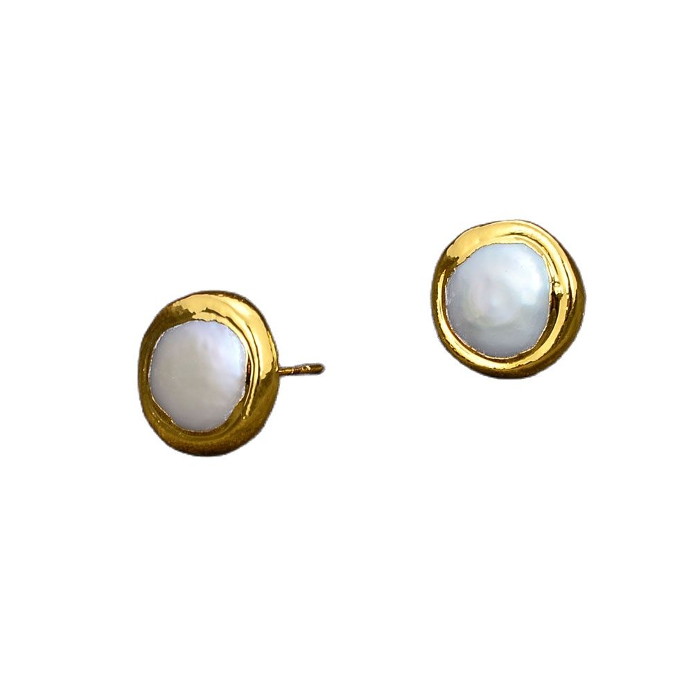 

GuaiGuai Jewelry Freshwater White Coin Pearl Bezel Gold Plated Earrings For Women Real Gems Stone Lady Fashion Jewellry