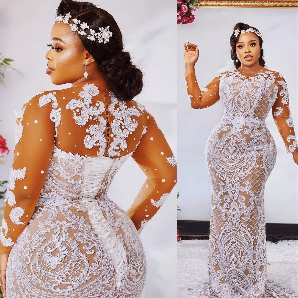 

2021 Aso Ebi Champagne Mermaid Sheath Wedding Dresses Bridal Gowns Jewel Neck Long Sleeves White Lace Appliques Beads Corset Back robe de mariée