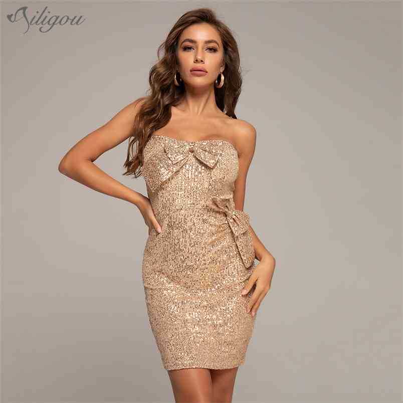 

Free Trendy Gold Sequins Bow Design Sexy Strapless Celebrity Party Club Mini Dress 210525