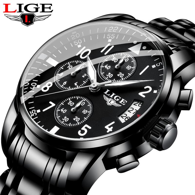 

Wristwatches LIGE Business Mens Watches Top Luxury Chronograph Quartz Watch Men Black Stainless Steel Waterproof Date Clock Relogio Masculin, Silver black l