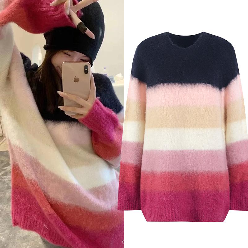 

Women' Sweaters Rainbow Striped Sweater Pullovers Women Mohair Knit Tops Loose Vintage Jumper Fashion Jersey O-Neck Knitwear 2021 Autumn Ko