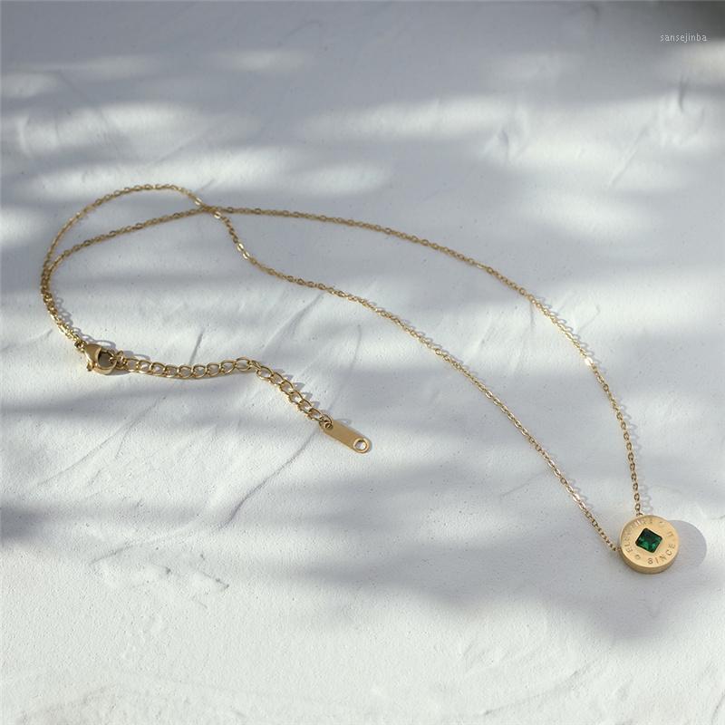 

Pendant Necklaces Green Crystal Stainless Steel Gold Chain Round Jewelry Necklace For Women Fashion Exquisite Clavicle