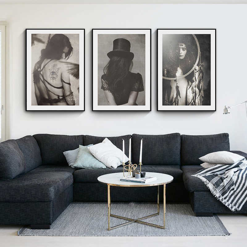 

Black White Tattoo Fashion Girl Wall Art Canvas Art Painting Vintage Posters and Prints Wall Pictures for Living Room Home Decor X0726